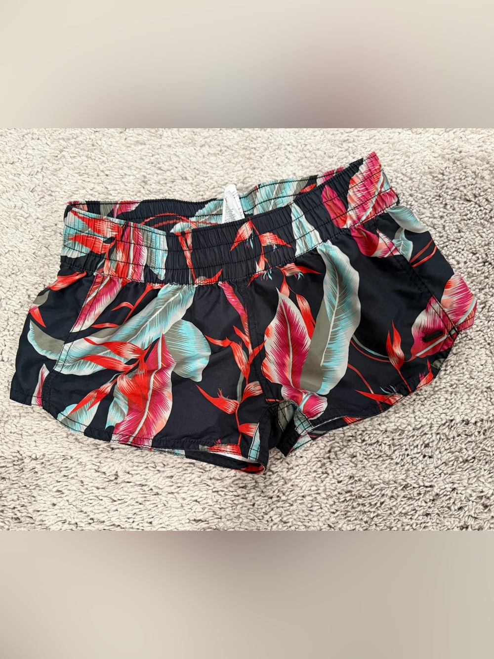 Volcom Black Tropical Floral Athletic Shorts with Pink and Aqua Leaves, Small